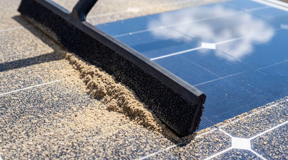 A squeegee pushing a layer of sand and dust off a solar panel